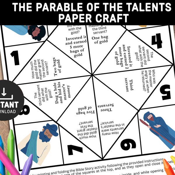 Parable of the Talents, Bible Story Activity, Sunday School Craft, Fortune Teller, Cootie Catcher, Folding Paper, Homeschool activity