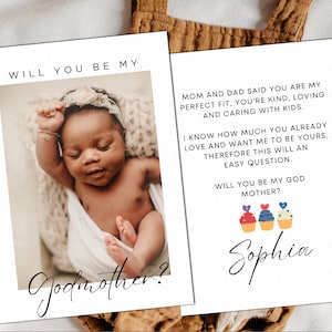 Editable ¿Serás mi tarjeta de propuesta de madrina, tarjeta de anuncio de padrinos imprimible, tarjeta de propuesta de padrino recién nacido personalizada