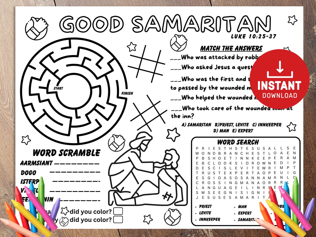 Good Samaritan Activity Sheet, Bible Activity, Sunday School, Bible Placemat, Church Kid