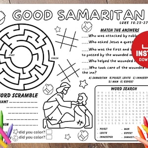 Good Samaritan Activity Sheet, Bible activity, Sunday School, Bible Placemat, Church Kid Activity, Sunday School craft, Kids Bible Lesson