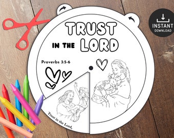 Trust in the Lord Coloring Wheel, Printable Bible Verse Activity, Kids Bible Lesson, Memory Game, Sunday School, proverbs 3:5-6