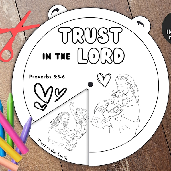 Trust in the Lord Coloring Wheel, Printable Bible Verse Activity, Kids Bible Lesson, Memory Game, Sunday School, proverbs 3:5-6