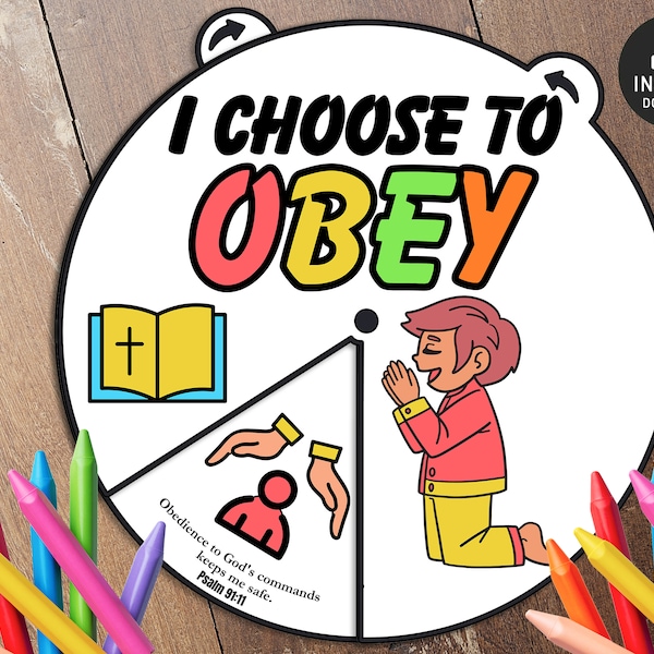 I Choose to Obey Coloring Wheel, Bible Activity, Kids Bible Lesson, Memory Game, Sunday School, Coloring spinner, Bible story wheel, Obey