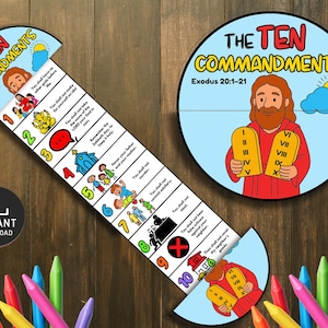 May include: A colorful educational game featuring "The Ten Commandments" with illustrations and text. The game includes a circular image of a biblical figure holding tablets and a long, numbered game board with corresponding commandments. Crayons are in the foreground.