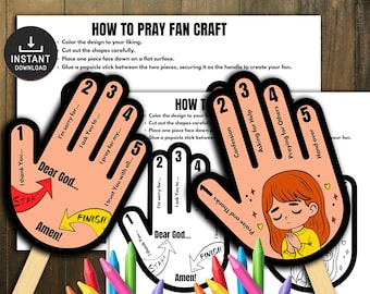 May include: A craft kit for a prayer fan, featuring hand-shaped templates with numbered prompts and instructions. The design includes a cartoon illustration of a girl praying, with colorful crayons and the text "How to Pray Fan Craft".