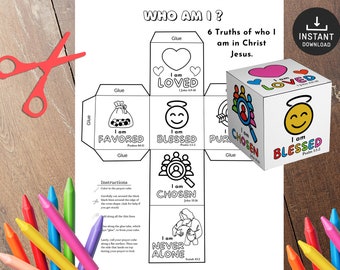 May include: A printable, black and white, six-sided cube with a different Christian affirmation on each side. The affirmations include "I am Loved", "I am Blessed", "I am Chosen", "I am Favored", "I am Never Alone", and "I am Purposed".