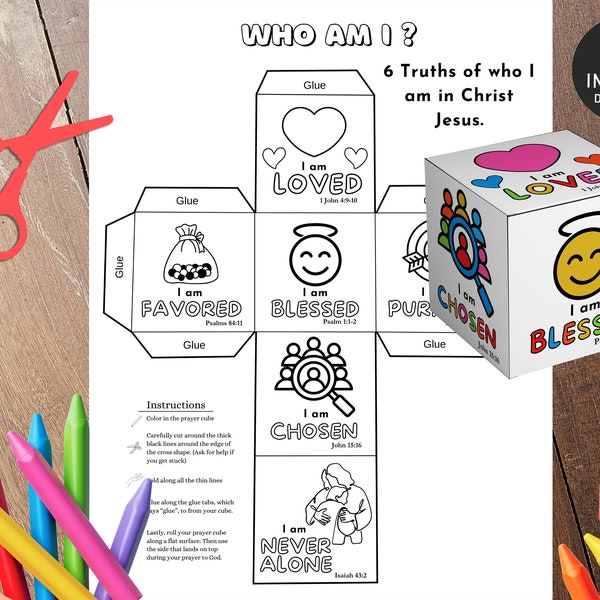 Printable Identity in Christ Coloring Cube, Printable Bible Activity, Kids Bible Lesson, Memory Game, Sunday School, Christian coloring