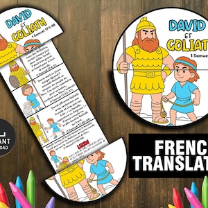 May include: An illustrated bookmark and a circular graphic depicting the biblical story of David and Goliath. The bookmark contains French text, and the circular graphic shows the two characters. The words "French Translation" are also present.