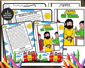 May include: A collection of printable Bible lesson pages featuring illustrations and text about Jesus' trial. The pages include the text "Matthew 27:11-26" and "Jesus on Trial," along with images of Jesus and other figures. The image also includes a set of colorful crayons.