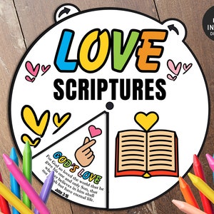 Roue à colorier pour les Écritures de l'amour, Bible imprimable activité de la Saint-Valentin, leçon biblique pour enfants, jeu de mémoire, école du dimanche, 1 Corinthiens 13, amour