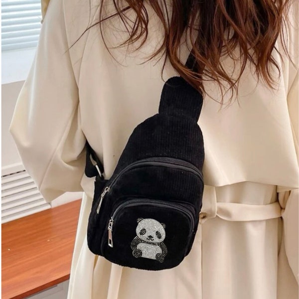 DIY Kit- Includes a Black Corduroy Sling Bag and a Crystal/Rhinestone Panda Decor - Chest Bag - Fanny Pack - Bag