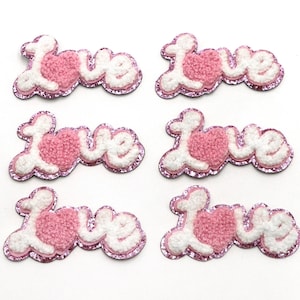 Love and Pink Glitter Edging Patch - Self-Adhesive Chenille Patch - Valentine's Day Patch - Pink Patch