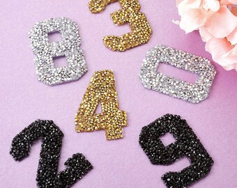 Rhinestone/Crystal Iron on Number Patches - Bling Numbers - Glitter Rhinestone Numbers - Varsity Number Patches - Chenille