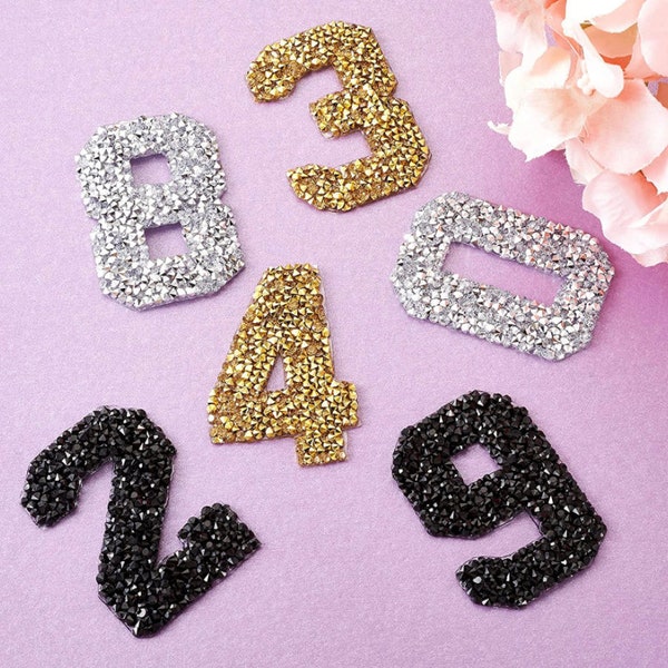 Rhinestone Iron on Number Patches - Crystal Number Patches - Glitter Rhinestone Number - Varsity Number Patch - Hotfix Number Patches