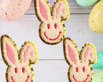 Bunny Iron On Chenille Patch with Gold Glitter Edging - Easter Bunny Patch - Spring Patch