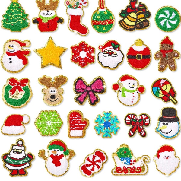 Christmas Iron On Chenille Patches - Santa Patches - Christmas Tree Patches - Snowflakes Patches - Snowman Patches - Candy Cane Patches