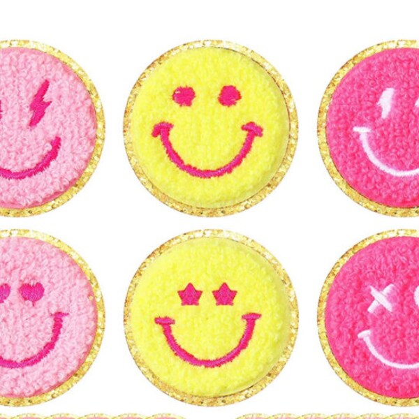 Happy Smiley Face - Self Adhesive - Chenille Patches - Gold Glitter Backing