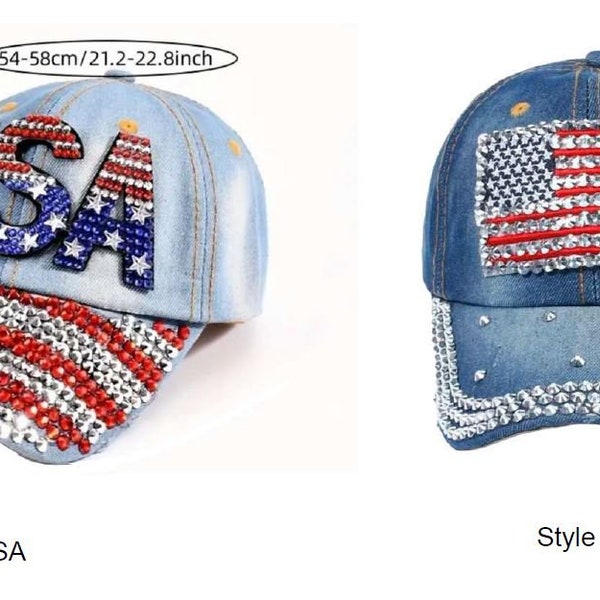 Rhinestone Crystal USA Flag Cap - Patriotic Crystal Caps - Rhinestone Flag Baseball Cap - USA Trucker Hats