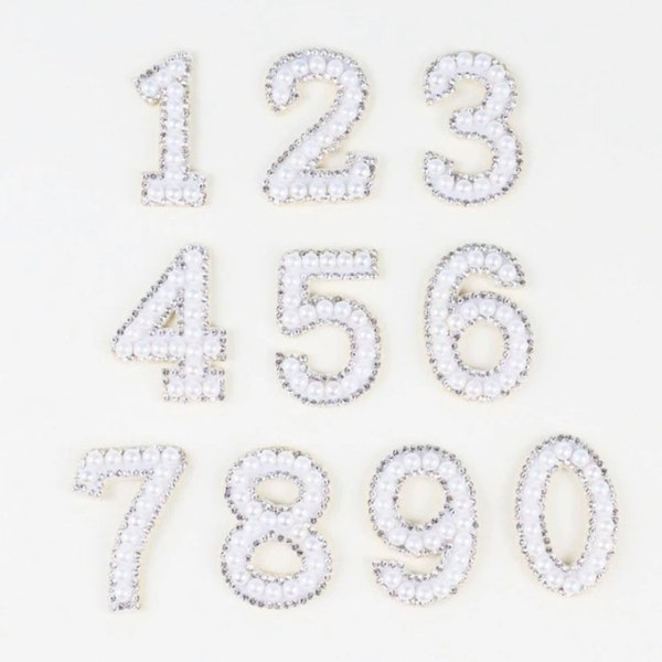 White Faux Pearl & Rhinestones Number Patches - Varsity Numbers - Chenille Patches - Bridal Patches