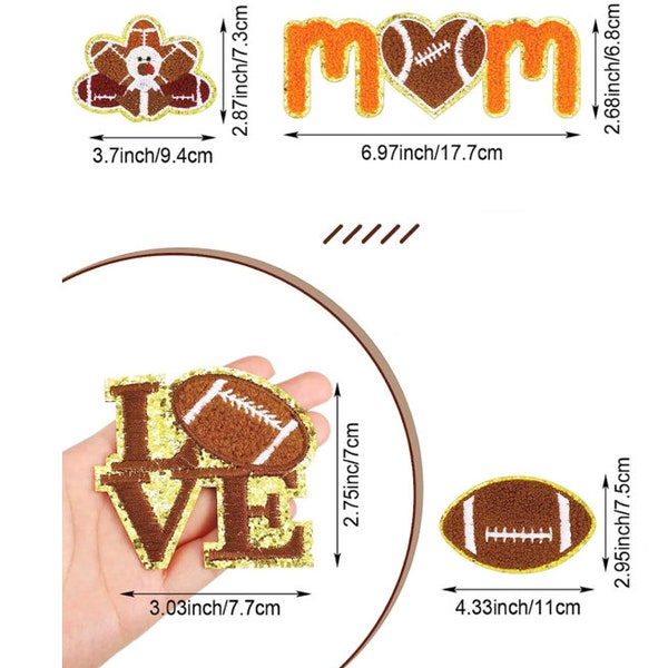 Football Iron on Chenille Patches - Love Football - Turkey Football - Football Mom - Varsity Patches - Sports Patches - Football Patches