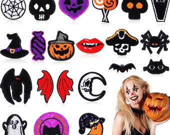 Halloween Chenille Patches with Black Glitter Edging - Witch Patches - Skull Patches - Ghost Patches - Bat Patches - Cat Patches - Pumpkin