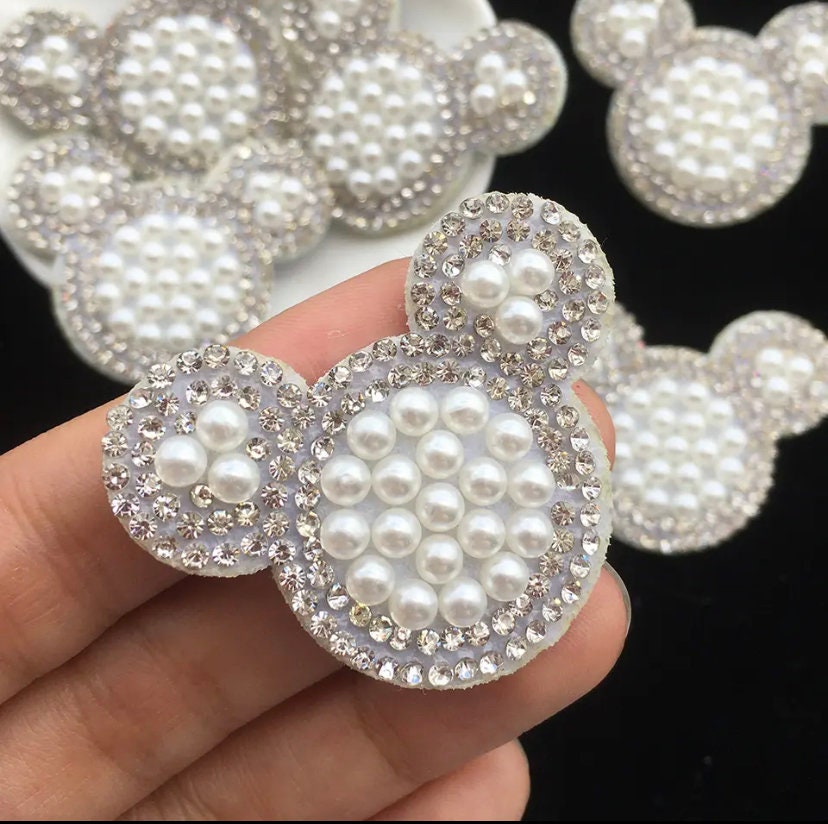 High Quality White Pearl Mickey Patches. Mickey Patch with pearls and  adhesive backing. Adhesive Pearl Castle patches for Nylon Bags.