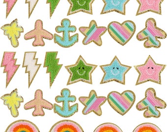 Chenille Stars, Rainbows, Planes, Hearts, Palm Trees, Flamingo, Lightning Bolts, and Anchors with Gold Glitter Backing