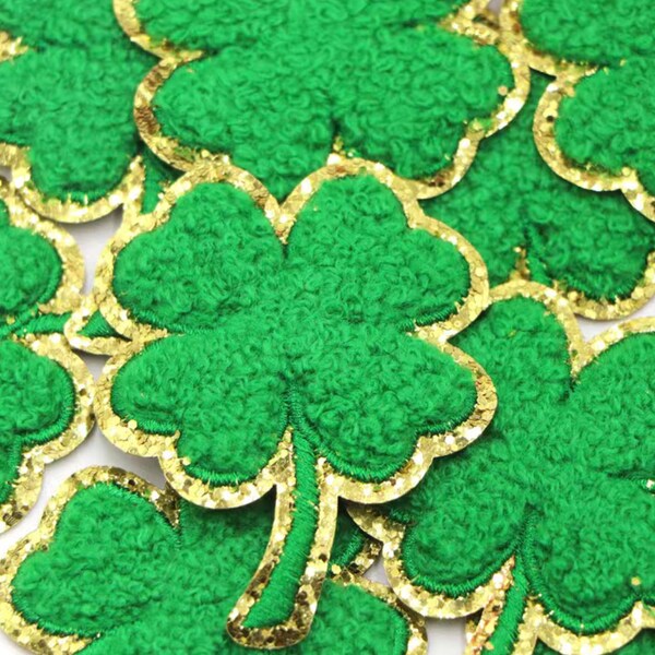 Four Leaf Iron ON Clover Patch - Green and Gold Chenille Four Leaf Clover Patch - St Patrick's Day - Lucky Patch