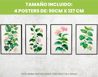 Botanical Watercolor Art: Set of 4 Digital Prints with Green Leaves, Pink Flowers, and Bright Colors.