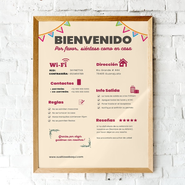 Cartel de Bienvenida Airbnb 2, Cartel de llegada de Huéspedes, Cosas a Saber, Reglas de la Casa, Hoja de Información Wifi, Editable en CANVA