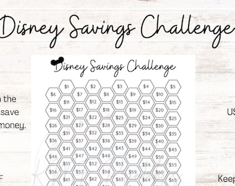 May include: A printable Disney Savings Challenge chart with a honeycomb design. Color in each hexagon as you save money. The goal is $5,050.