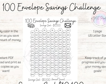 100 Envelope Savings Challenge, Cash Envelope Challenge, Instant Download