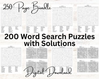 May include: A digital download of 200 word search puzzles with solutions. The image shows a sample puzzle with the words "Assorted Words 113" and a list of words to find. The image also shows a sample solution grid.