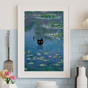モネの睡蓮の猫のプリント、クロード・モネの猫のポスター、黒猫のアート、花柄プリント、面白い猫のプリント、面白いギフト、家の装飾用プリント可能な壁アート