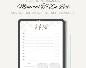 Minimal To Do List Printable, Basic Tasks List Template, Productivity Planner, A4/A5/Letter/Half, Printable & Fillable PDF