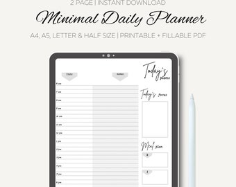 Minimal Daily Planner Printable, Minimal Planner, Hourly Planner, Productivity Planner, A4/A5/Letter/Half, Printable & Fillable PDF