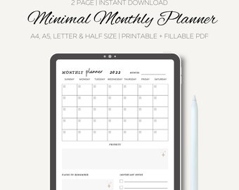 Minimal Monthly Planner Printable, Undated Monthly Calendar, Productivity Planner, A4/A5/Letter/Half, Printable & Fillable PDF