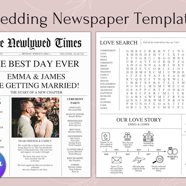 plantilla de periódico de boda canva bolsa de bienvenida de boda periódico plantilla de programa de boda guardar la fecha periódico cronología de boda de recién casados