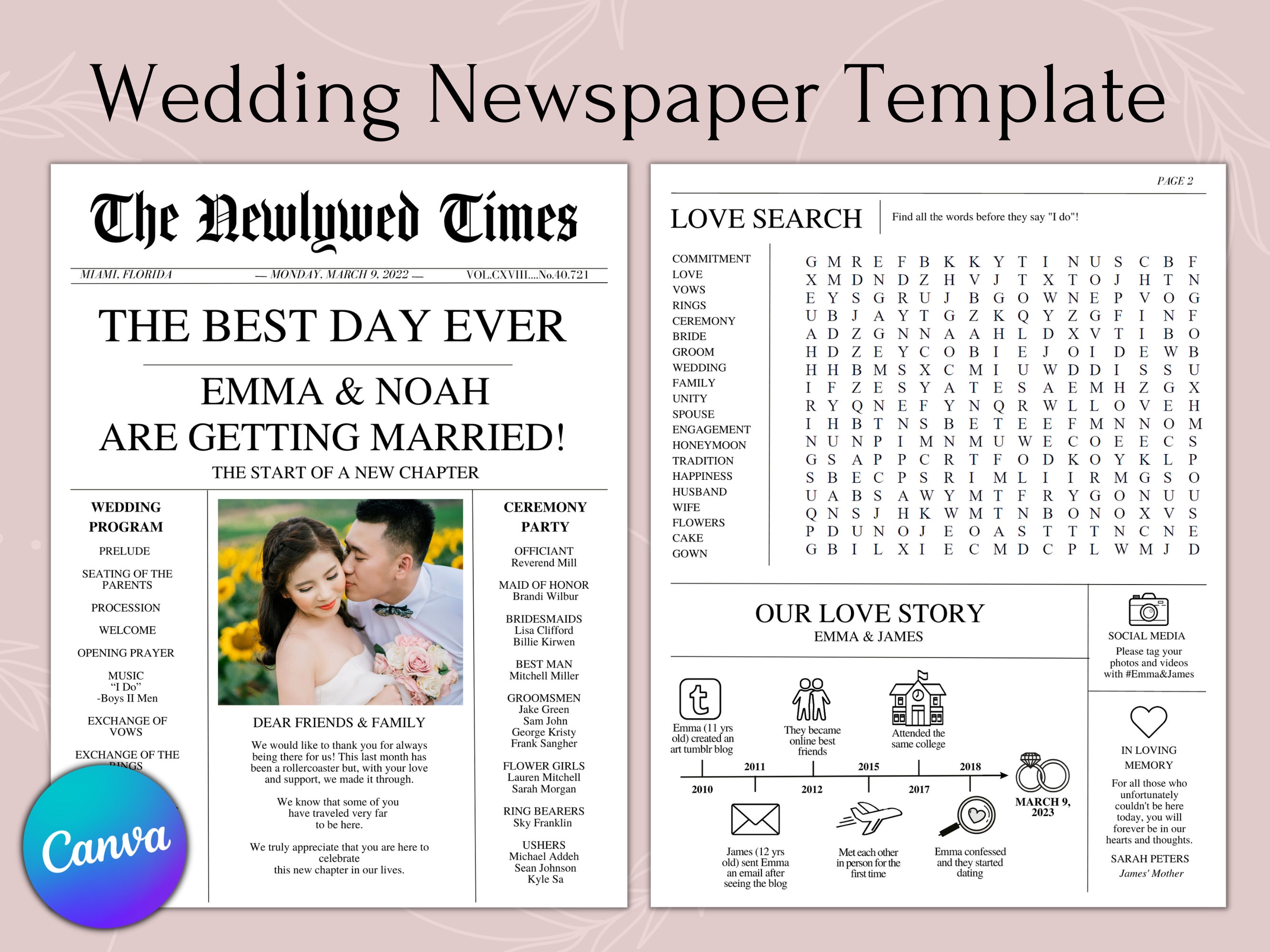 Newspaper Wedding Program Template, Edit on Canva, Fully Editable Newspaper Wedding Program Template, Edit on Canva, Fully Editable