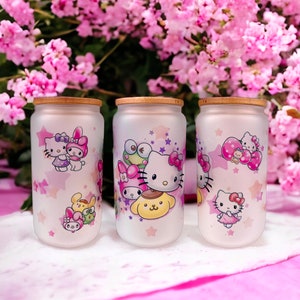 Drinking Glasses with Bamboo Lids and Straws 4 Pcs Set, Cute Pattern  Glassware S