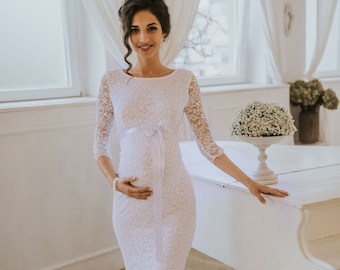 cream lace dress modest Zapaka Women White Modest Graduation Dress with Short Sleeves A Line V Neck Boho Lace Long Engagement Party Dress, White / S