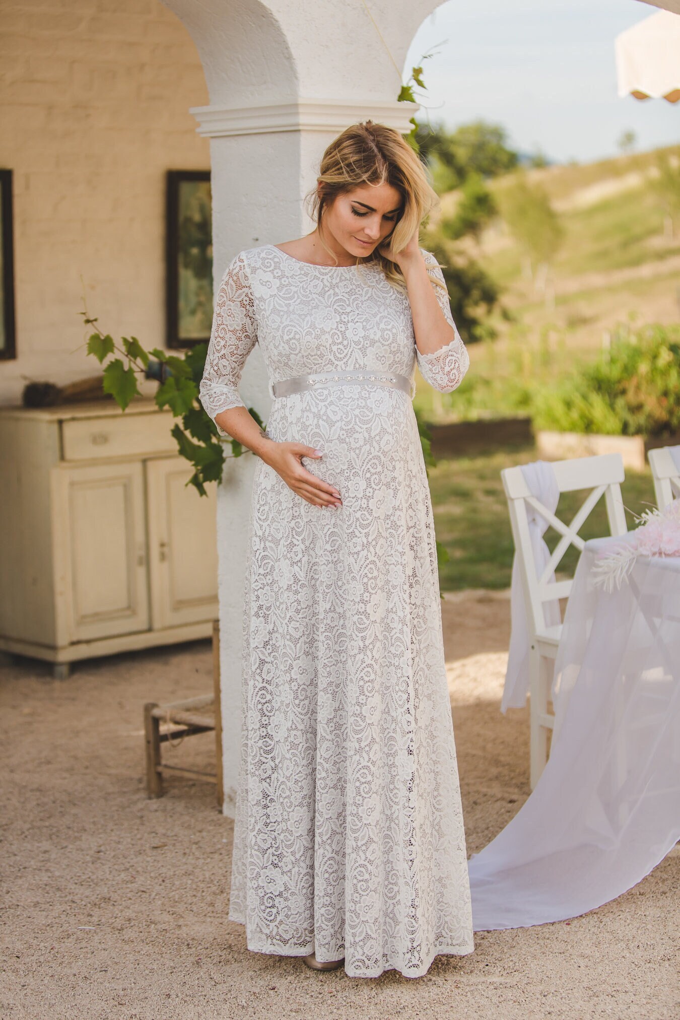 casual maternity wedding dress Simple Empire Long Sleeve Maternity Wedding Dress With Sweep Train-715507