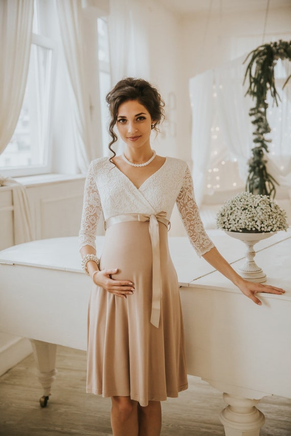 beige fitted maternity dress Beige Knit Fitted Maternity Midi Dress – PinkBlush main image 0
