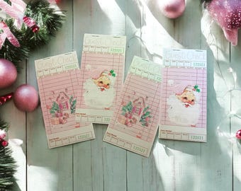 Rosa Santa Gastschecks druckbar, Vintage Weihnachten Ephemera für Junk Journaling, handgezeichnete vom Menschen geschaffene Kunst, rosa Weihnachten druckbar