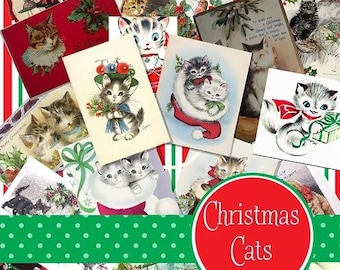 Vintage Weihnachtskatzen | Druckbare Urlaub Ephemera für Junk Journals, Scrapbooks, Retro Rot & Grün Urlaub Ephemera für Junk Journals