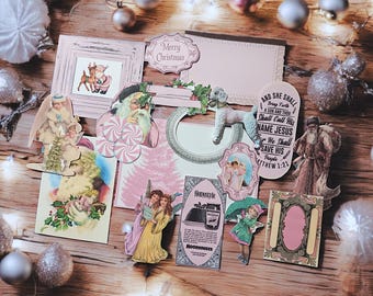 Rosa Weihnachten Ephemera Set, Vintage Weihnachten Ephemera für Junk Journaling, handgezeichnete vom Menschen geschaffene Kunst, rosa Weihnachten druckbar