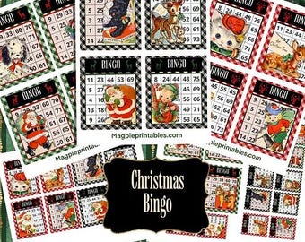 Vintage Weihnacht Bingo Karten | Retro rot & grün Urlaub Ephemera für Junk Journals