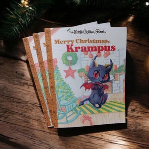 Tarjetas navideñas de Krampus: impresiones artísticas navideñas de Baby Krampus, librito dorado falso, 3 x 5 o 4 x 6 con sobres, listo para enviar
