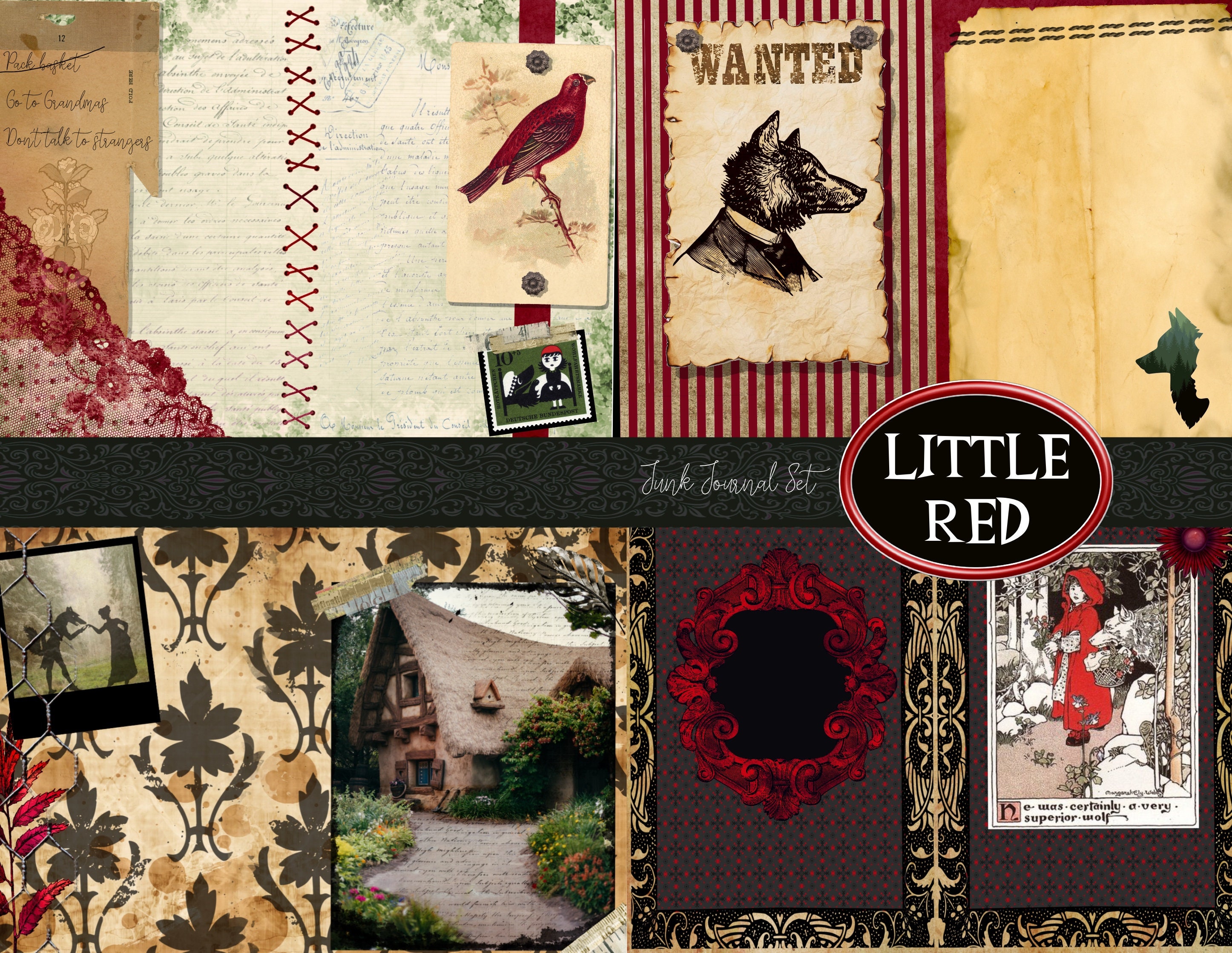 HUGE Little Red Riding Hood Junk Journal Kit Printable Little Red Big Bad Wolf  Junk Journal Red Riding Hood Fairytale Printable Wolf