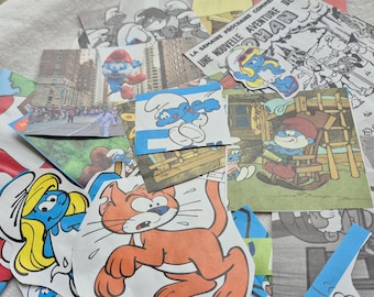 Smurfs cutouts, FREE SHIPPING collage ephemera, smurfs junk journals, smurfs paper, smurfs, smurfette, smurfs upcycled, smurfs recycled